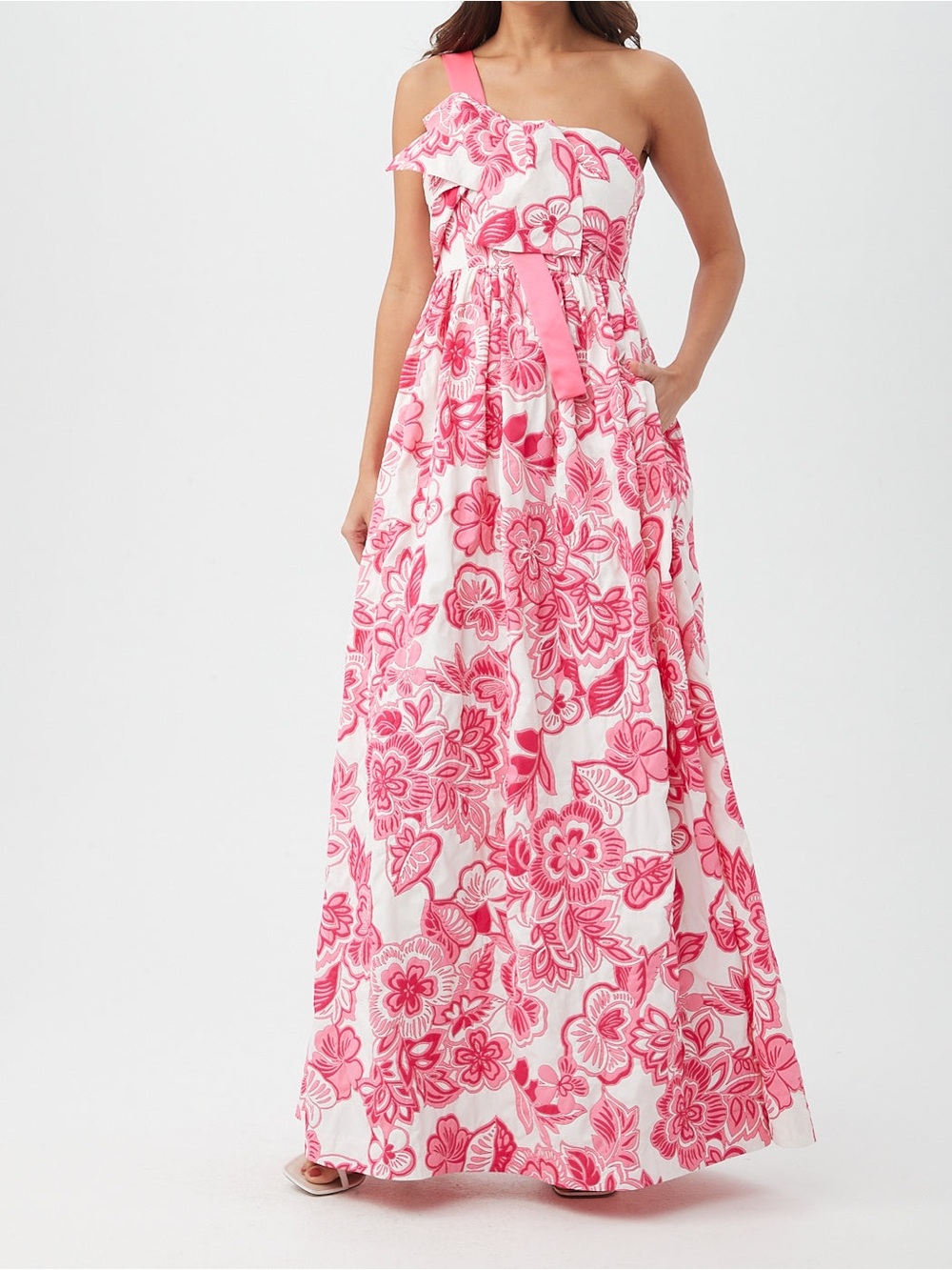 Trina Turk One-Shoulder White and Pink Floral Maxi Dress